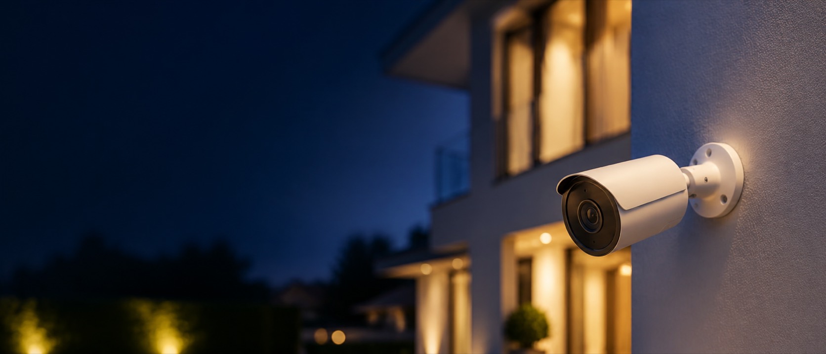 Câmera de segurança instalada na fachada de uma casa ao anoitecer — Palmasnet, monitoramento pelo celular