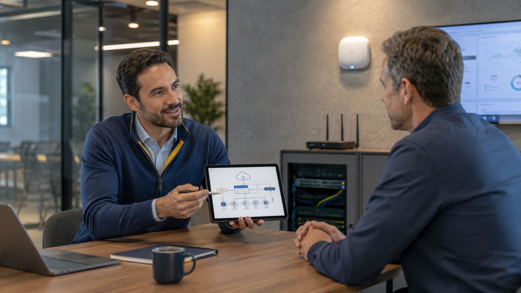 Consultor da Palmasnet mostra um diagrama de rede em um tablet ao responsável pela empresa, com ponto de acesso e rack de equipamentos ao fundo
