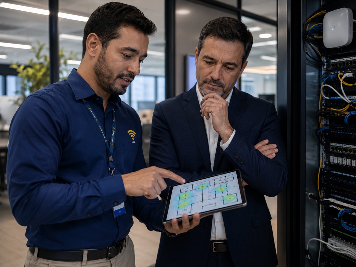 Consultor da Palmasnet mostra um mapa de cobertura de sinal no tablet ao responsável pela empresa, ao lado do rack de equipamentos