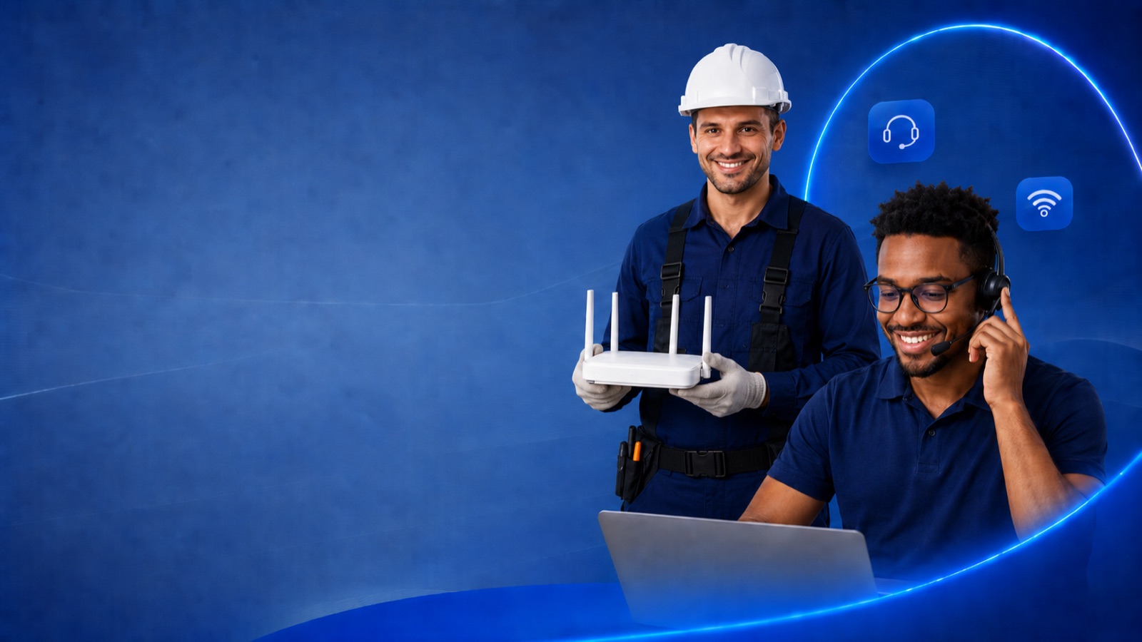 Atendente da Palmasnet com fone de ouvido e técnico segurando um roteador
